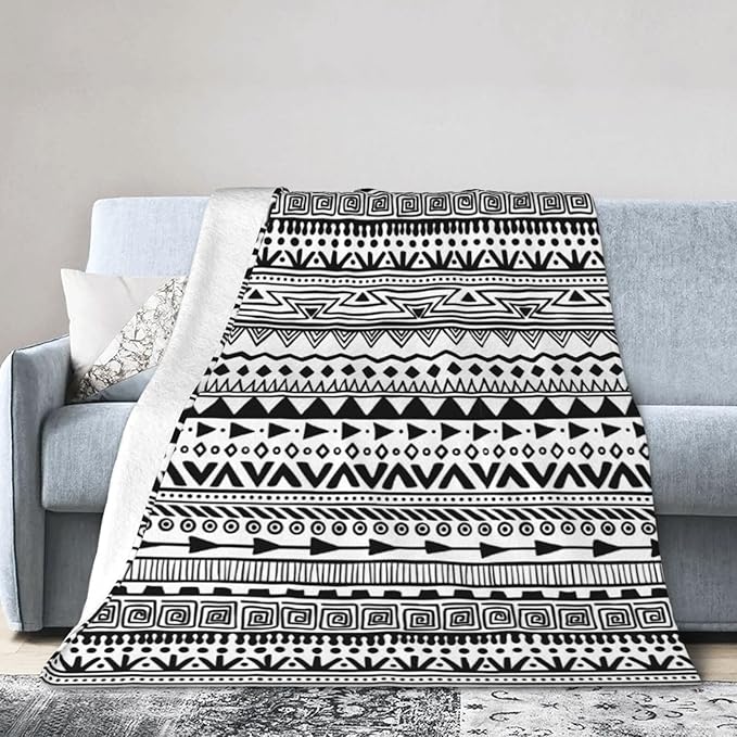 80X60 Tribal Print Black and White Aztec Pattern Boho Lightweight Flannel Blanket - Soft and Breathable Polyester Suitable for Travel Camping and Home Decoration