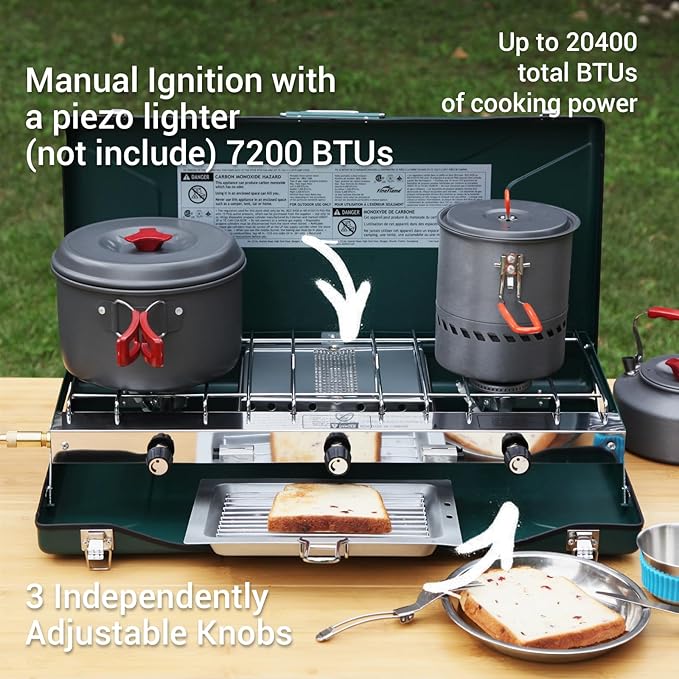 Camping Stove 3 Burners Propane Portable Camp Stove with Regulator Push-Button Instant Ignition Adjustable Burners &amp Wind Guards for Car BBQ Picnics Outdoor Cooking (GREEN-20400 BTUs)