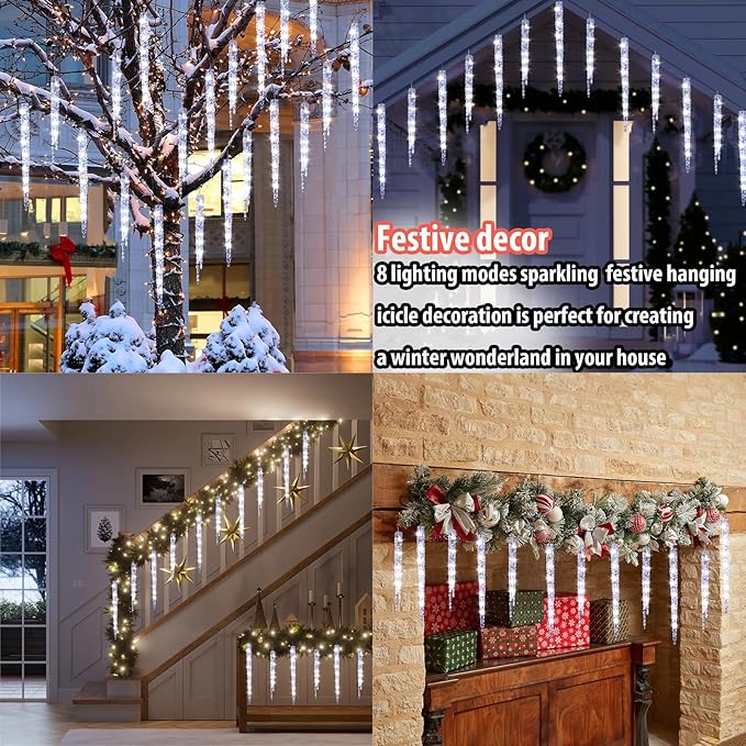 Cool White Christmas Icicle Lights - 20 Large Tubes Outdoor/Indoor Crystal Ice Hanging Lights 29FT 8 Mode with Timer Meteor Shower LED Light for Decoration