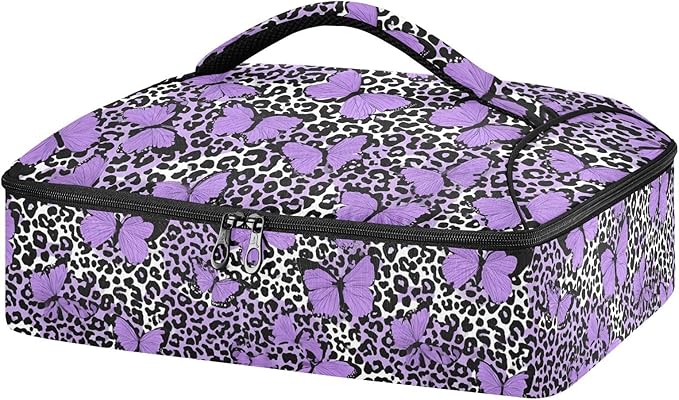 Casserole Carrier Leopard Print Pattern Purple ButterfliesInsulated Casserole Carrier for Hot or Cold Food Thermal Lunch Tote for Potluck Parties Picnic Fits 9 x 13 Inches Baking Dish