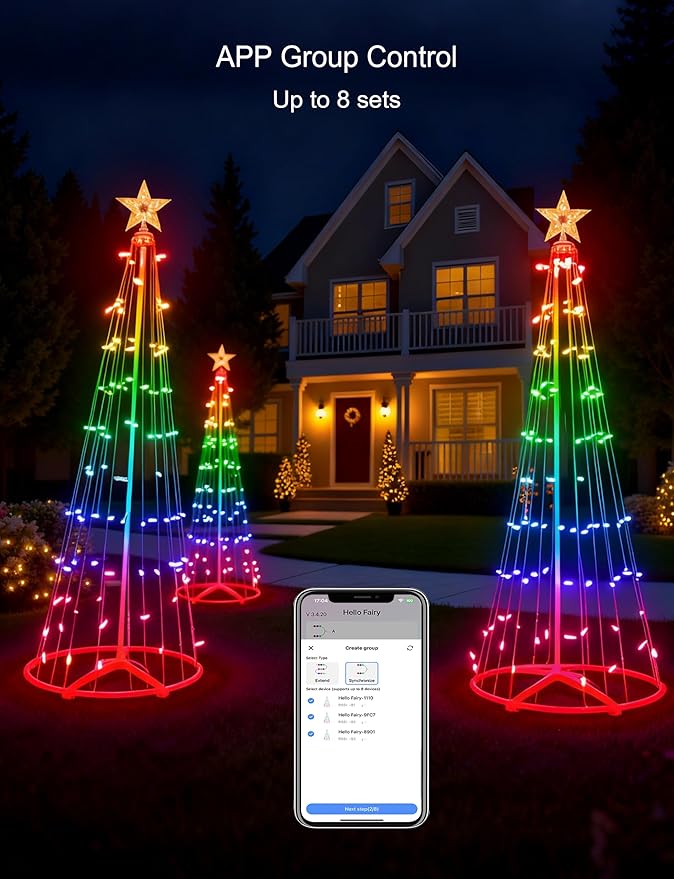 7ft Smart RGB Outside Christmas Tree Lights App Remote-Controlled C6 Shaped Christmas Light Cone Tree with Music Sync 57 Lighting Effects + DIY Mode Easy install Outdoor Xmas New Year Yard Decor