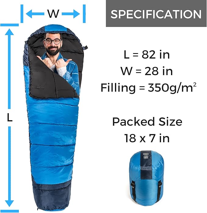 Viking Trek 350x Lightweight Adult Sleeping Bag – Warm &amp Breathable Compact Camping Gear for Hiking and Backpacking - Camping Essentials - Includes 100% Waterproof Stuff Sack