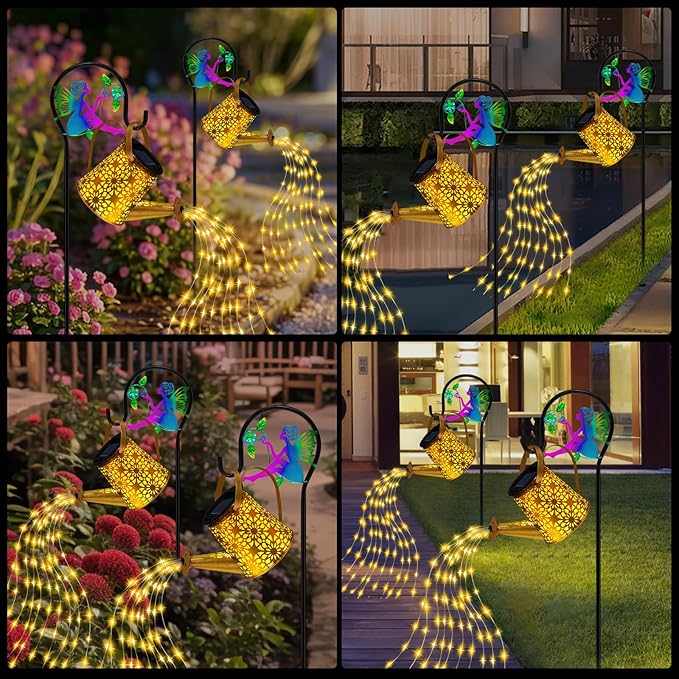Solar Lights Garden Decorative Solar Watering Can with Cascading Lights Waterproof Metal Lantern with Fairy Shepherd Hook Outdoor Decor for Yard Patio Lawn and Pathway Gardening Gifts for Mom