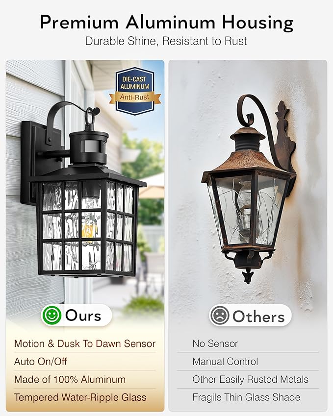 VIANIS Black Motion Sensor Porch Lights Outdoor Modern Dusk to Dawn Exterior Lighting Fixtures Wall Mount for House Anti-Rust 100% Aluminum Waterproof Outdoor Sconce Lights for Garage Front Door
