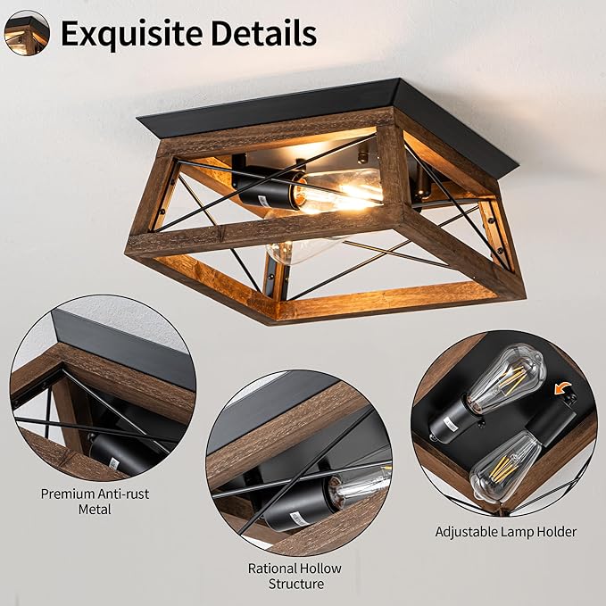 Farmhouse Ceiling Light 2-Light Flush Mount Light Fixture with Metal and Wood Design Rustic Light Fixture for Kitchen Entryway Hallway Bedroom