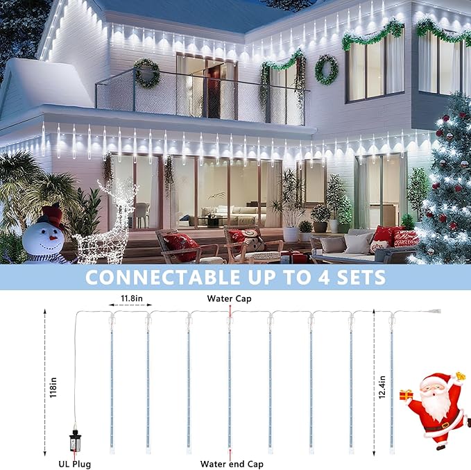 2 Pack Christmas Lights Outdoor Expandable Meteor Shower Lights with Timer Waterproof Falling Rain Light with 16 Tubes 384 LED Plug in Suitable for Garden House Xmas Tree Decorations (Cool White)