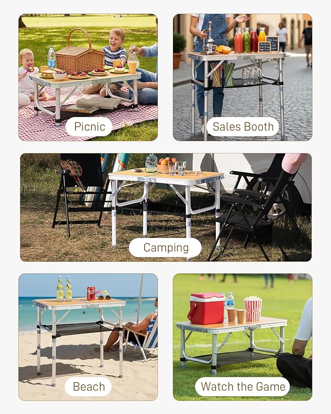 Outvita Folding Table 2FT Aluminum Camping Table with Storage Adjustable Height Picnic Table Lightweight for Carring Outdoor Party Events Beach