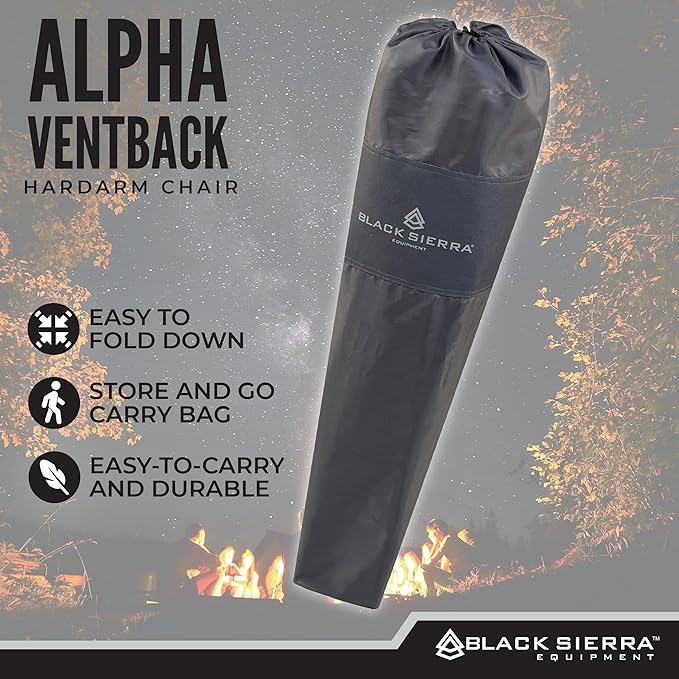 Black Sierra Camping Chair – Folding Portable Lawn &amp Beach Chair with Padded Hard Armrest Mesh Vented Back Spacious Cup Holder Carry Bag – Supports 300 lbs for Sports