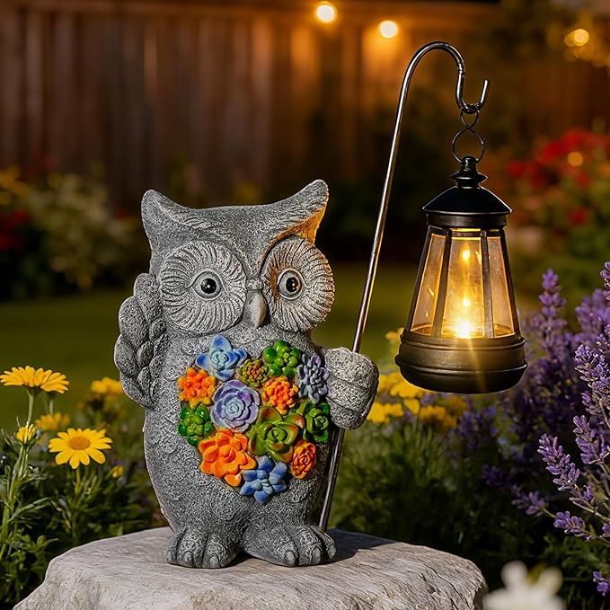 Solar Owl Garden Statue with Succulent Decor &amp Hanging Lantern – Outdoor Resin Decor for Patio Yard Balcony – Unique Gift for Women Gardeners