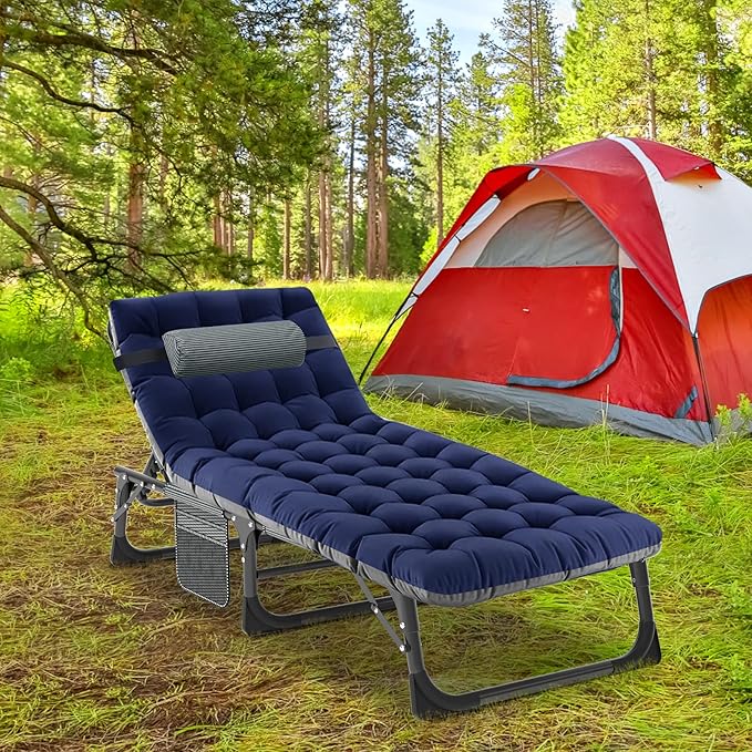 Camping Cot Adjustable 4-Position Adults Reclining Folding Chaise with Pillow Outdoor Portable Lounge Chair Sleeping Cots Bed Perfect for Camping Pool Beach Patio Navy Blue