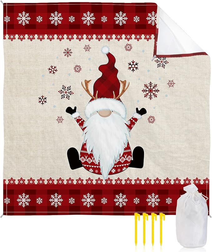 Beach Blanket Waterproof Sandproof OversizedChristmas Snowflake Cute Dwarf Red Buffalo Check Beach Mat with Corner Stakes Sand PocketsWinter Flower Outdoor Picnic Mat for Travel Camping 83x79In
