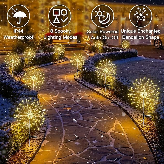 suddus Solar Garden Lights Outdoor Waterproof Decorative Upgrade 2Pack 150LED Firework Lights Solar Fairy Lights for Yard Garden Party Patio Pathway Flowerbed - Warm White