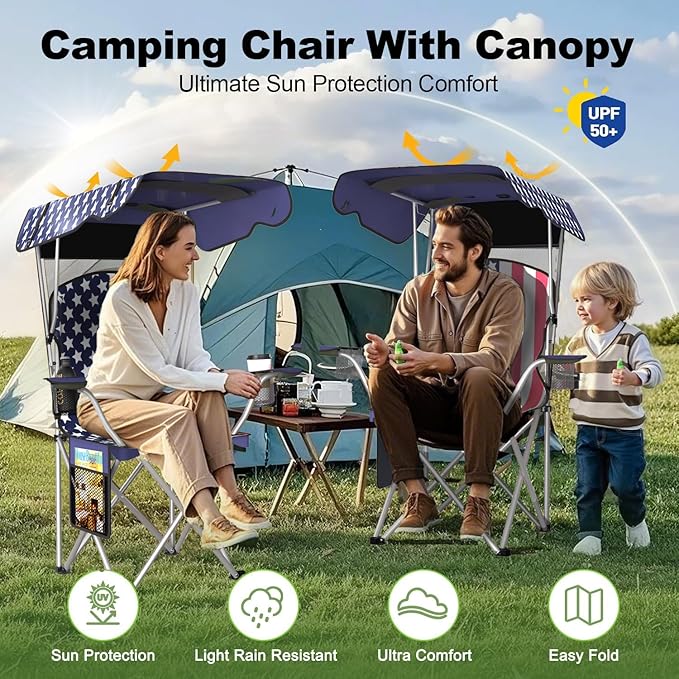 Portable Camping Chair with Canopy - Folding Chair with Canopy Durable 600D Oxford Canopy Chair for Camping Beach Picnics Fishing &amp Sports