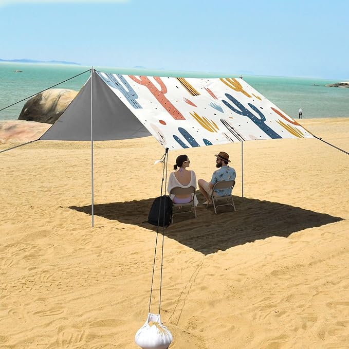 Colorful Cactus Beach Tent Sun Shelter 9.2' x 10.5' Beach Canopy with 4 Sandbags 4 Stability Poles Sand Shovels - Tent Canopy for Beach Camping Fishing Picnics