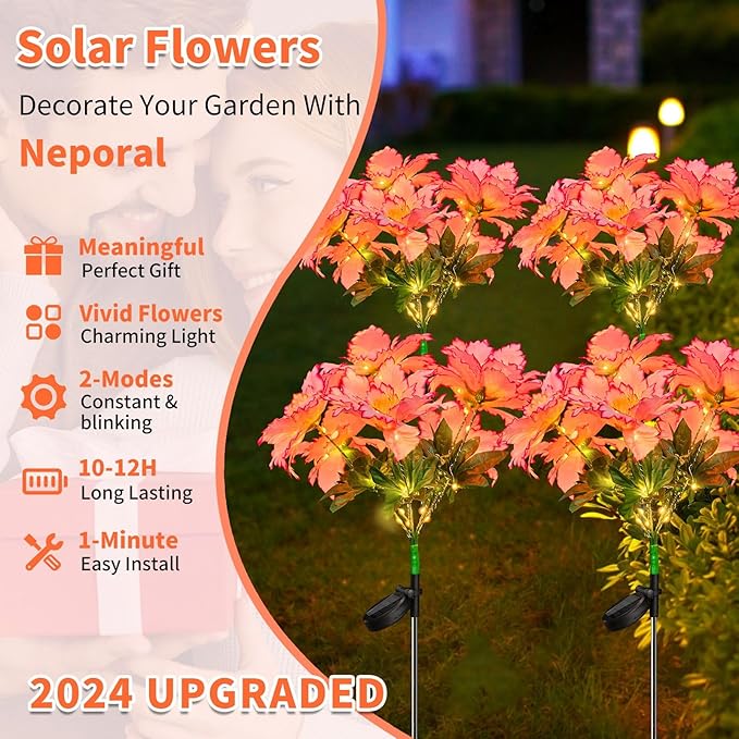 Neporal Solar Flowers Outdoor Waterproof Rhododendron Garden Solar Lights Decorative 4PK 7-Stem 2 Decor Lighting Modes Solar Powered Garden Decor Solar Yard Decor (Pink)