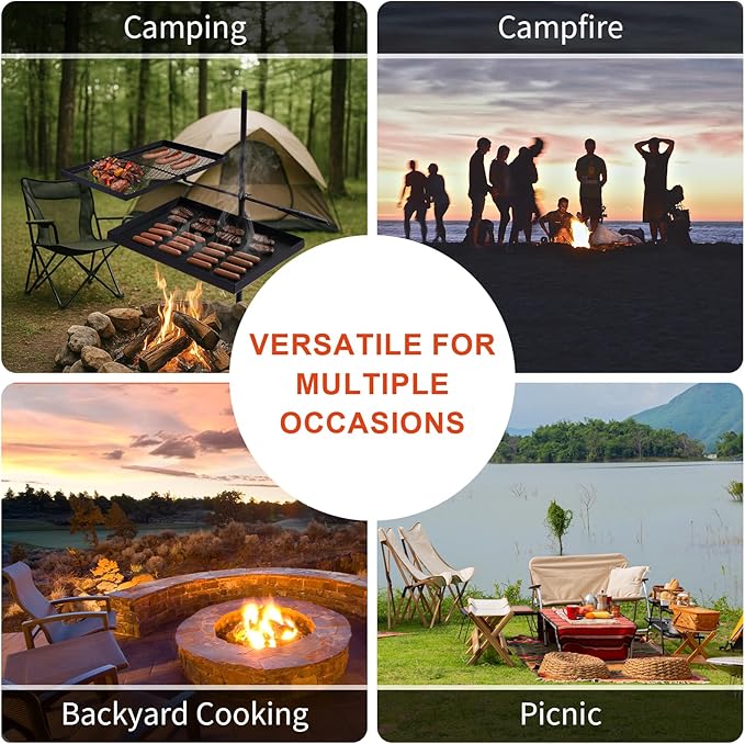 Outvita Swivel Campfire Grill Skillet Combo Portable Heavy Duty Camping Grill Grate with Height Adjustable Grill Grate and Grill Pan and Carry Bag Black