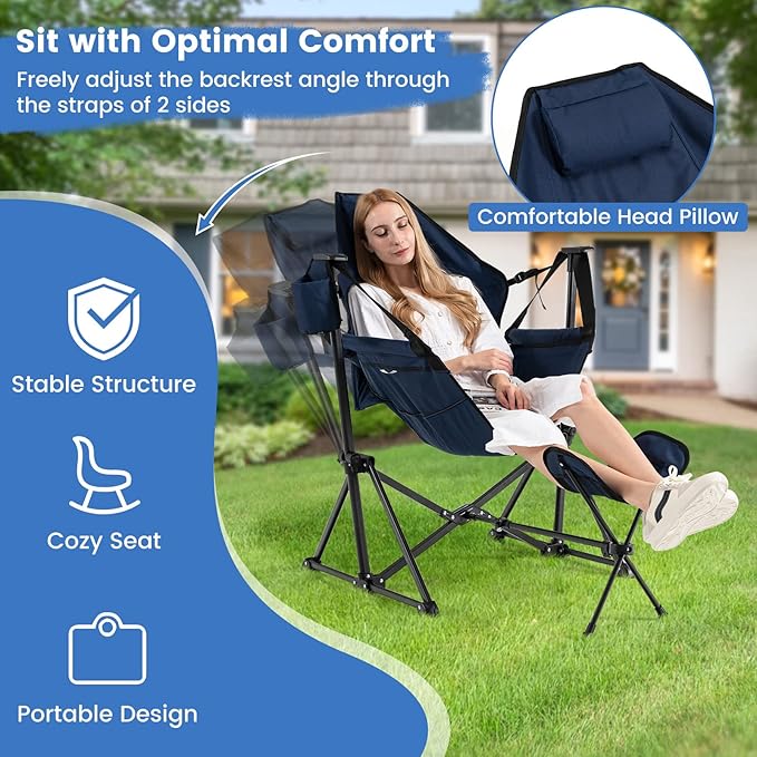 COSTWAY Folding Camping Chair Portable Beach Chair with Retractable Footrest Adjustable Back Cup Holder &amp Carry Bag Outdoor Lawn Patio Chair for Camping Fishing Hiking (Navy 1 Pack)