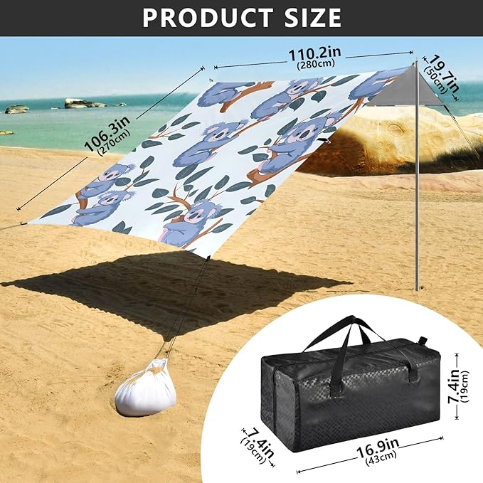 Cartoon Little Koalas Camping Sun Shelter Beach Tent Portable Beach Sun Shade Outdoor Canopy for Camping Trips Fishing Picnic