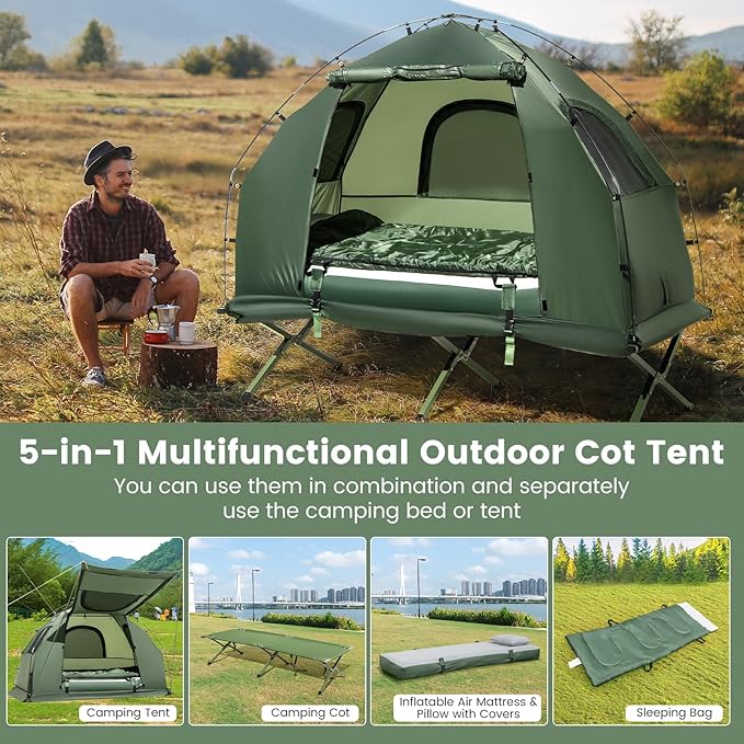 Goplus Camping Tent Cot 5-in-1 Folding Camping Bed with Air Mattress Pillow Sleeping Bag Waterproof Elevated Tent Shelter Portable Outdoor Sleeping Cot with Carry Bag for Picnic Trip
