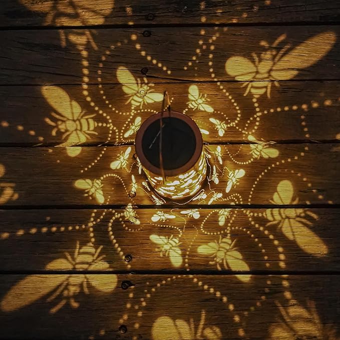 Solar Honeybee Lanterns Outdoor Hanging Decor LanternWaterproof Hollow Out Retro Metal Decorative Garden LightGraceful Decoration for PatioYardLandscapeWalkwayFestival