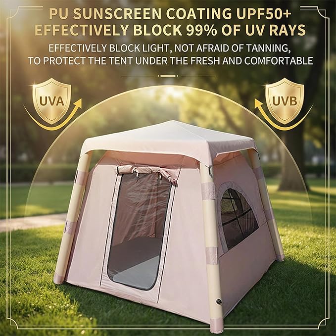Inflatable Camping Tent for 3-4 Person Easy 2-Min Setup Luxury Air Tent Waterproof PU3000 &amp UPF 50+ Sun Protection Heavy Duty 300D Oxford Glamping Tent with Awning &amp Mesh Windows