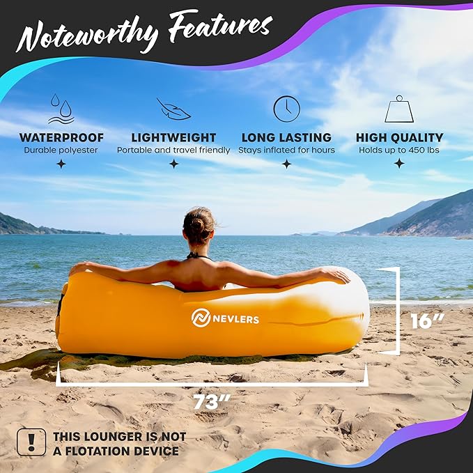 Nevlers Saffron Inflatable Lounger | 210T Polyester Inflatable Chair | No-Pump Inflatable Furniture | Camping Couch w/ 450lbs. Cap. Pockets &amp Matching Bag | Use as Inflatable Couch for Adults &am
