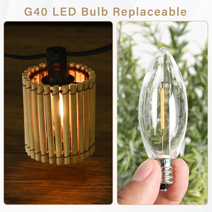 Decorative Plug in String Lights Outdoor Rattan Lamps 20.5FT 10 LED G40 Bulb Waterproof Hanging Lantern for Patio Yard Deck Garden - Indoor/Outdoor Use