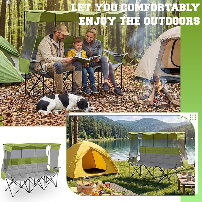 3 Person Beach Camping Chair with Canopy Shade Oversized Folding Loveseat 700lbs Heavy Duty Couch with Cup Holder Carry Bag for Lawn Outdoor Beach(Blue and Grey Canopy Camp Chair)