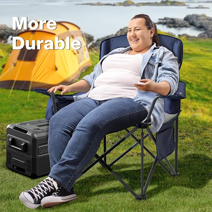 2 Pack Oversized Folding Camping Chair Heavy Duty Support 500LBS Outdoor Chair with Cup Holder Storage and Cooler Pouch Collapsible Padded Arm Chair for Sports Garden Beach Fishing Blue