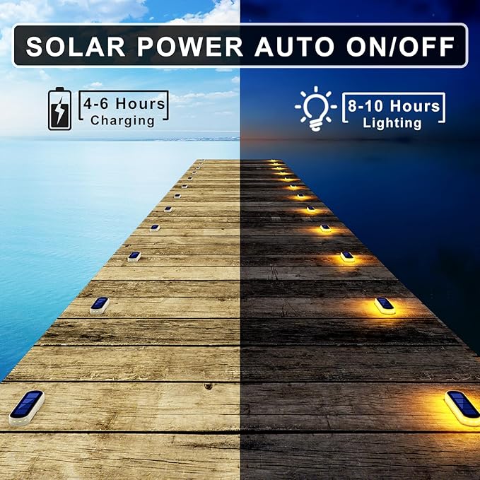 Solar Step Lights Outdoor Waterproof LED 4 Pack Warm White Flat Solar Powered Deck Lights for Outside Stick on Light Bar for Stair Dock Patio Garden Path Walkway Driveway Porch