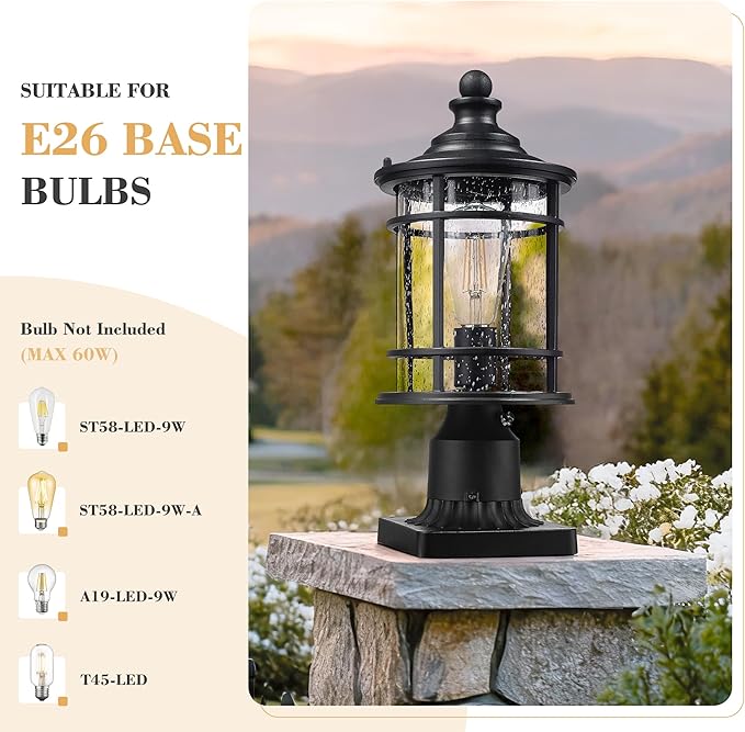 Emliviar 14.9 Inch Dusk to Dawn Outdoor Lamp Post Light Black Pole Light Fixture with Photocell Sensor Outdoor Post Lantern with Seeded Glass Shade XE229P PC BK