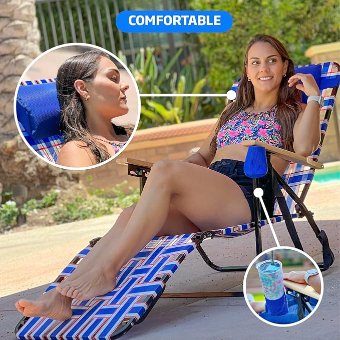 Webbing Patio Lounger Steel Chaise Lawn Chair Foldable Outdoor Great for Patio Camping Backyard Pool Wood Handles 1 Pack Red White Blue