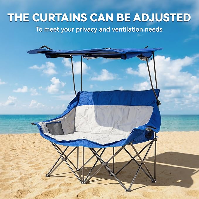 Double Camping Chairs with Canopy Shade Folding Beach Chair Heavy Duty Oversized Outdoor Padded Loveseat Chair 2 Person with Removable Roof Cup Holders Side Pockets Portable Carry BagBlue