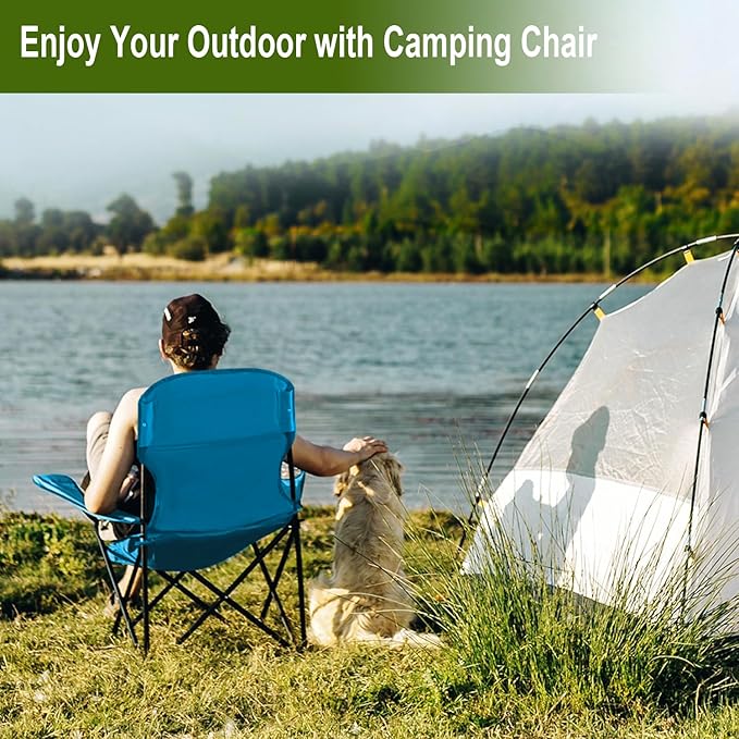 2PCS Folding Camping Collapsible Chairs Heavy Duty Lawn Chair with Cooler Bag Storage Pocket Waterproof Bag Outdoor Arm Chair Supports 225LBS Blue