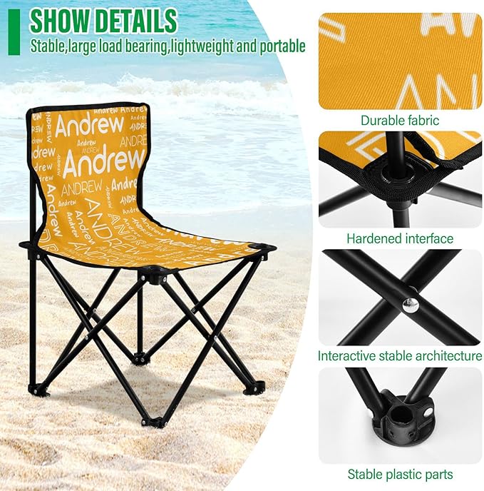 Sinestour Orange Custom Folding Camping Chair for Teen Child Personalized Name 14.6×14.6in Portable Outdoor Chair with Carry Bag for Picnic Barbeques Beach