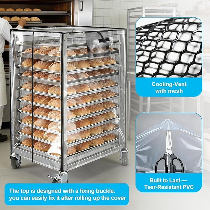 Bun Pan Sheet Rack CoverBread Speed Rack Cover with ZipperCommercial Bakery Racks 23x28x32Clear PVC Waterproof Dustproof Bread rack Cover with Breathable Mesh Vent (10-Tier TPU)
