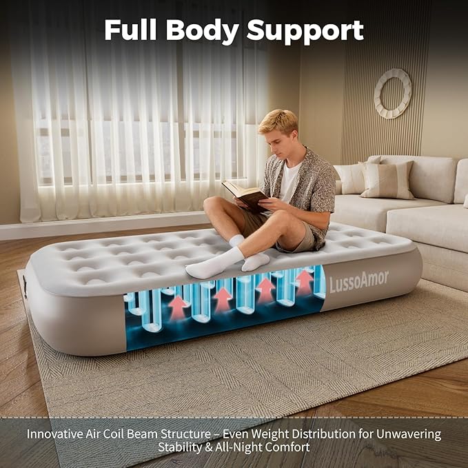 Twin Size Air Mattress - 4000mAh Built-in Rechargeable Pump 10 Inch Foldable Blow Up Air Bed for Camping Travel 3-Minute Quick Inflation/Deflation Colchon Inflable Mattress Khaki