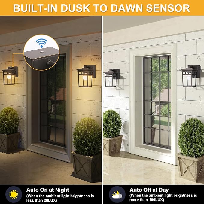 2 Pack Porch Lights with GFCI Outlets Dusk to Dawn Outdoor Lighting Exterior Light Fixtures Wall Mount Waterproof Alunmium Wall Sconces for House Patio Garage Front Door 9W LED Bulbs Included(ORB)