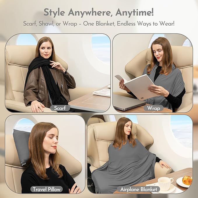 16-in-1 Compact Travel Blanket with Bag – Reversible Ultra Soft Bamboo Airplane Blanket with Hidden Pocket – Packable for Flights &amp Travel Essentials (Semi-Weighted Double Layer)