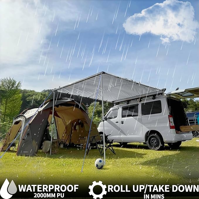 DANCHEL OUTDOOR Car Awning 8.2x9.8ft Roof Rack Pull-Out Sun Shelter Canopy Waterproof 4x4 Vehicle Side Overland Awning Camping Gray