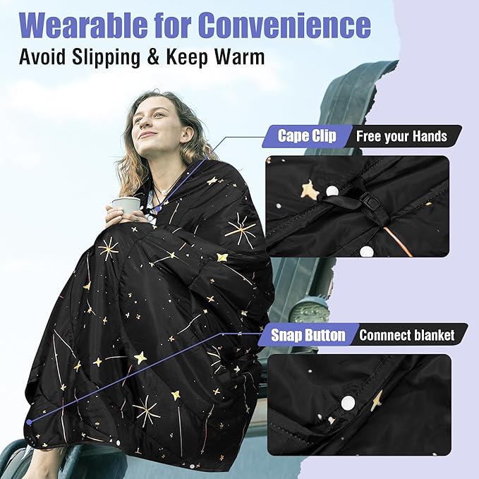 OUTSKIRT Ultra-Light Camping Blanket Packable Camping Blankets for Cold Weather Wearable Puffy Blanket Perfect for Traveling Hiking Festival &amp Stadium Black