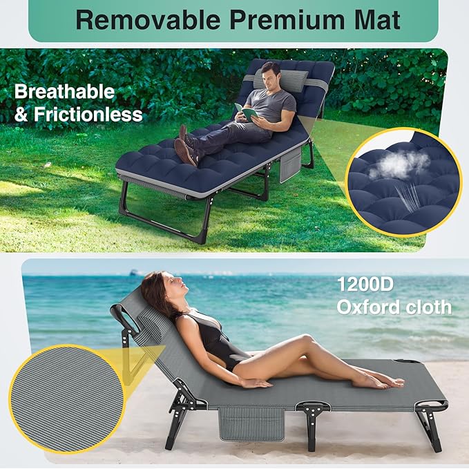 Suteck Folding Camping Cot Adjustable 5+2 Positions Reclining Portable Outdoor Cot Heavy Duty Sleeping Bed Cots w/Pillow Mat Carry Bag Chaise Lounge Chair for Home Office Nap Beach Pool Patio Travel