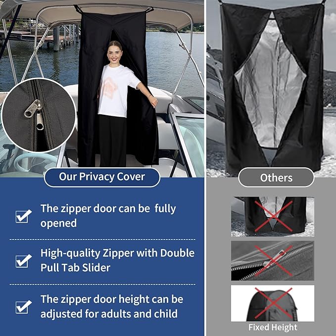 Tuszom 600D Privacy Tent for Boat Heavy Duty Hanging Changing Room for Bimini Top with Storage Bag Portable Privacy Station for Pontoons (27 W x 30 D x 72 -84 H) (Black)