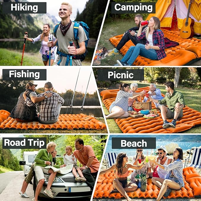 Double Sleeping Pad for Camping 4 Extra Thick Self-Inflating Air Mattress - 2 Person Inflatable Camping Mat with Built-in Foot Pump &amp Pillow Backpacking Hiking Tent Travel-Orange