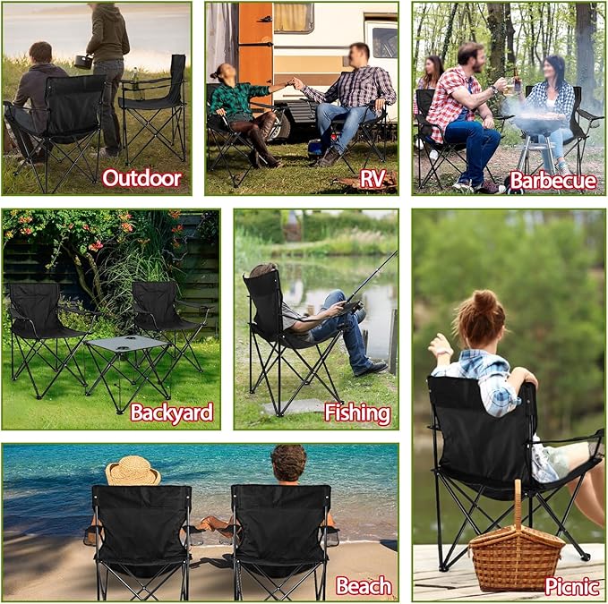 HaSteeL Folding Camping Chair Set of 3 Foldable Black Camp Chairs &amp Grey Table Large Lawn Chair Portable for Adults Hiking Fishing Picnic Outdoor BBQ Travel Sports Cup Holders &amp Storag