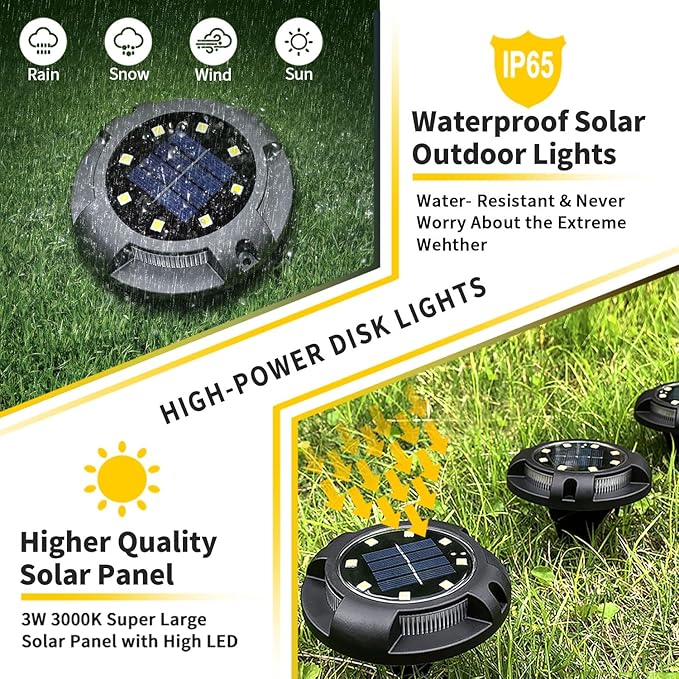 Solar Ground Lights Outdoor Waterproof 8 Pack 12 LEDs Solar Garden Disk Lights Landscape Lighting for Outside Pathway Deck Yard Patio Lawn Driveway Walkway Deco (Warm Lights)