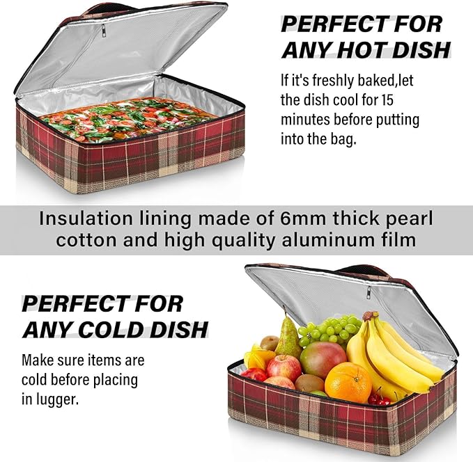 Casserole Carrier Red and Brown Tartan Insulated Casserole Carrier for Hot or Cold Food Thermal Lunch Tote for Parties Picnic Travel Carry Bag