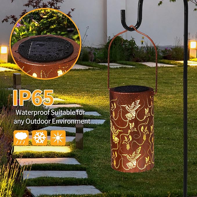 Solar Lanterns Outdoor Hanging Hummingbird Decor LanternWaterproof Hollow Out Metal Decorative Garden LightGraceful Decoration for PatioYardLandscapeWalkwayFestival
