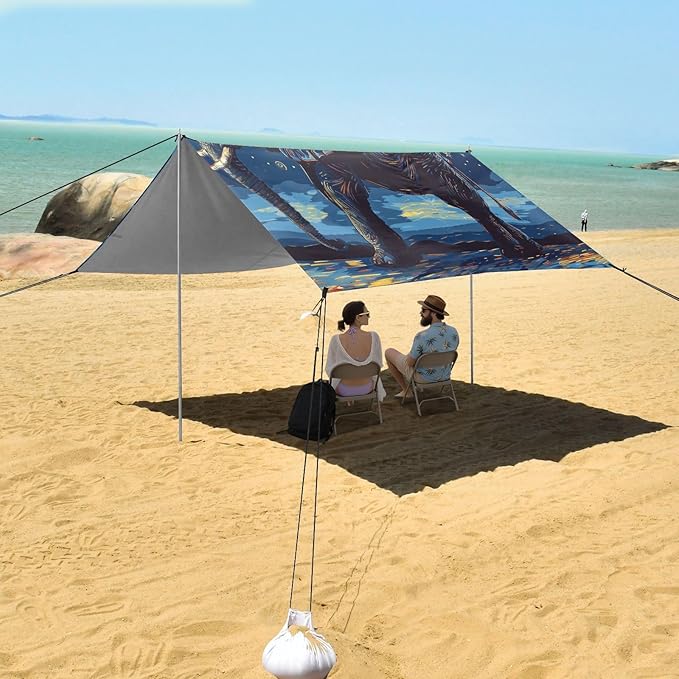 ALAZA Elephant Starry Sky Moon Beach Tent Sun Shelter UPF50+ Protection Beach Shade Canopy w/ 4 Sandbags for Outdoor Camping Fishing Backyard Fun Picnic 10x9 ft