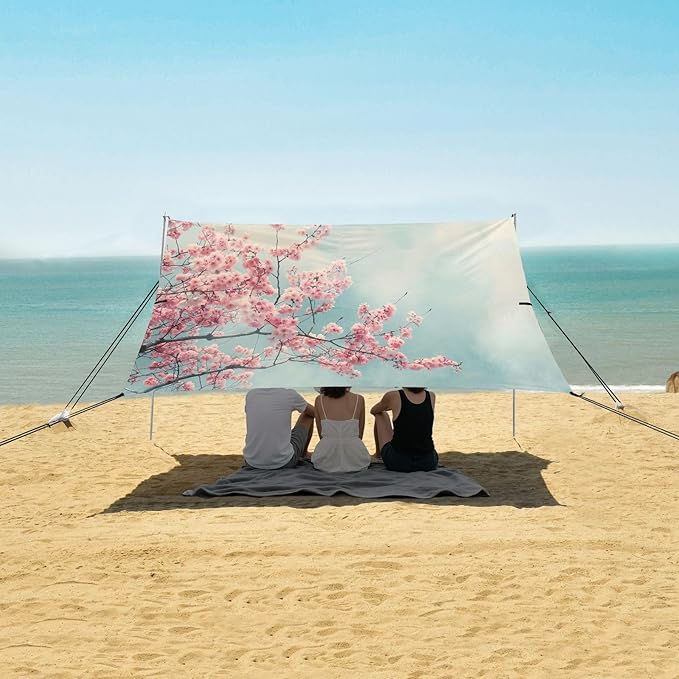 Cherry Blossom Tree Beach Tent Sun Shelter 9.2' x 10.5' Beach Canopy with 4 Sandbags 4 Stability Poles Sand Shovels - Tent Canopy for Beach Camping Fishing Picnics